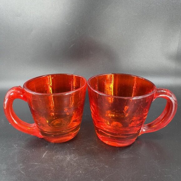 Antique Hand Blown Glass Cup Mug Set 2 Red Thick Heavy Glass Mugs Cups Vintage - Picture 9 of 16